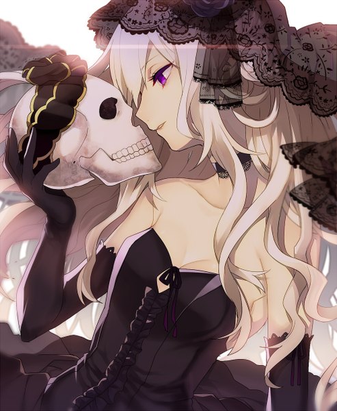 Anime-Bild 1000x1218 mit original sanae (satansanae) single long hair tall image fringe white background purple eyes bare shoulders looking away cleavage silver hair white hair profile girl dress gloves choker black gloves elbow gloves