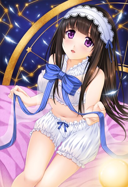 Anime picture 1200x1744 with hyouka kyoto animation chitanda eru ren san single long hair tall image black hair purple eyes cleavage midriff girl navel hairband bowtie