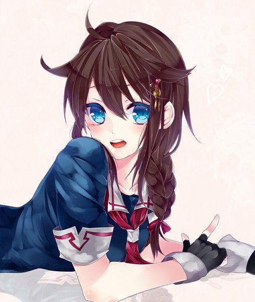 Anime picture 1000x1181 with kantai collection shigure destroyer rukito single long hair tall image looking at viewer blush open mouth blue eyes black hair simple background smile white background ahoge lying braid (braids) single braid on stomach remodel (kantai collection)