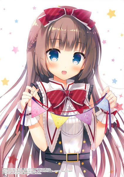 Anime picture 2321x3300 with original hisama kumako single long hair tall image looking at viewer blush highres open mouth blue eyes brown hair scan girl dress bow hair bow star (symbol)