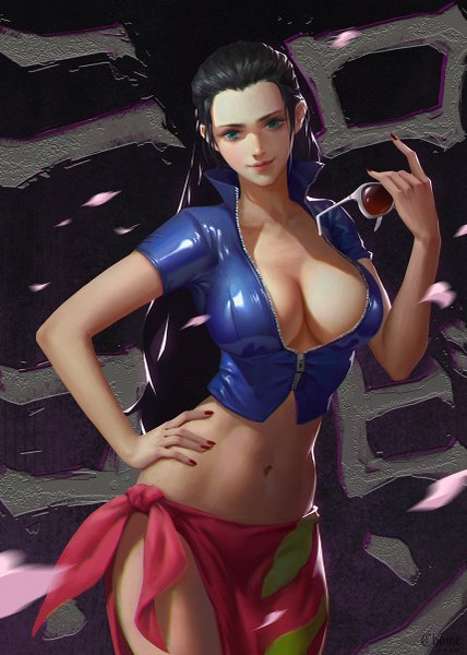 Anime picture 857x1200 with one piece toei animation nico robin c home single long hair tall image looking at viewer blush breasts light erotic black hair smile large breasts standing holding green eyes signed nail polish head tilt