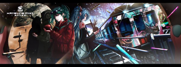 Anime picture 3438x1286 with vocaloid suna no wakusei (vocaloid) hatsune miku mattyanoma2013 looking at viewer highres wide image twintails multiple girls holding absurdres cloud (clouds) very long hair nail polish profile aqua eyes aqua hair character names dated sunglasses on head