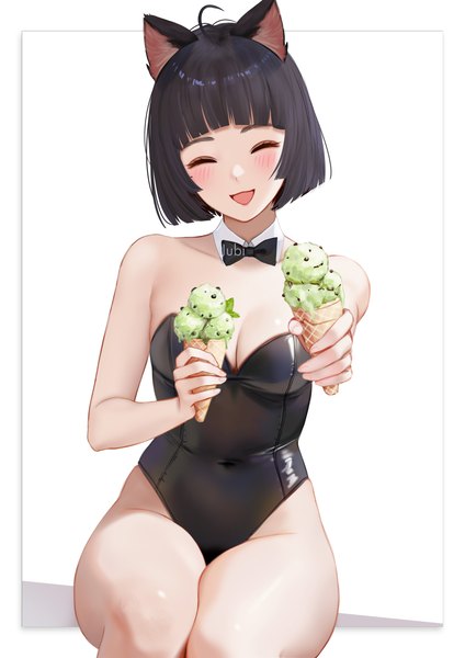 Anime picture 2480x3508 with real life zsa resty margana jubi (regiana) single tall image fringe highres short hair breasts open mouth light erotic black hair simple background smile white background sitting signed animal ears cleavage blunt bangs