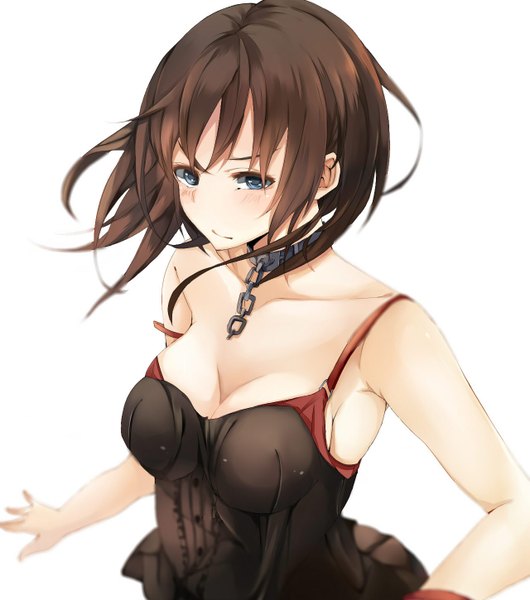 Anime picture 1280x1450 with original rikuru single long hair tall image looking at viewer blue eyes light erotic simple background brown hair white background bare shoulders girl chain collar