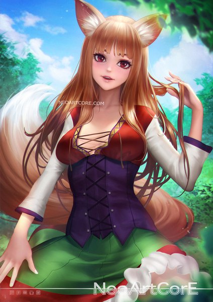 Anime picture 800x1132 with spice and wolf horo nudtawut thongmai single long hair tall image looking at viewer fringe open mouth red eyes brown hair animal ears sky cleavage cloud (clouds) tail blunt bangs animal tail realistic watermark