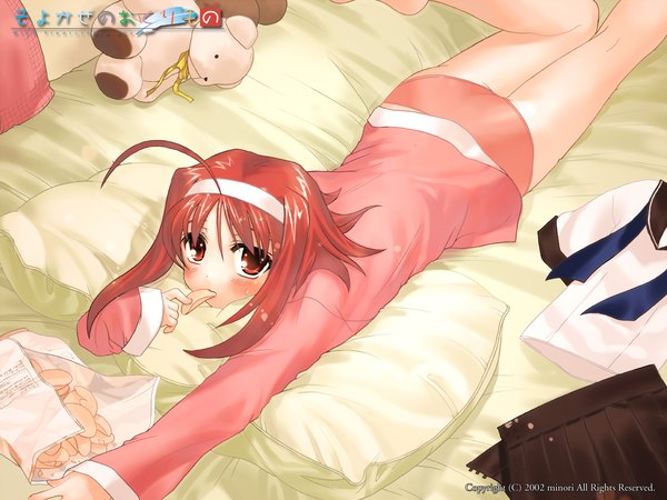 Anime picture 1280x960 with wind a breath of heart okano hinata blush short hair light erotic red eyes ahoge red hair lying girl uniform underwear panties school uniform pillow bed teddy bear pajamas chips