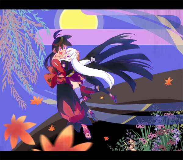 Anime picture 1204x1056 with katanagatari white fox togame yasuri shichika very long hair japanese clothes couple leaf (leaves)