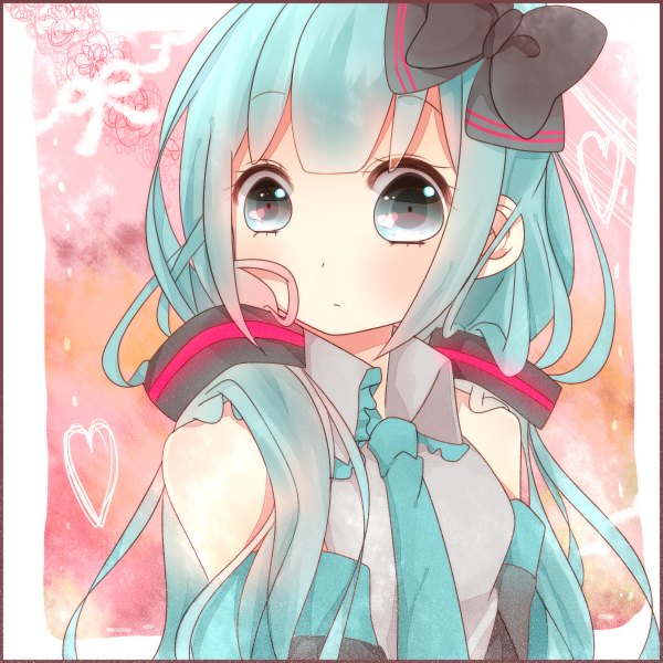 Anime picture 1200x1200 with vocaloid hatsune miku single long hair looking at viewer twintails bare shoulders aqua eyes aqua hair girl bow ribbon (ribbons) hair bow hair ribbon necktie