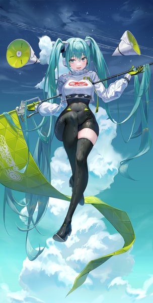 Anime picture 1000x1975 with vocaloid goodsmile racing racing miku racing miku (2022) tokkyu single tall image looking at viewer fringe open mouth smile hair between eyes twintails holding payot sky cloud (clouds) full body bent knee (knees) long sleeves