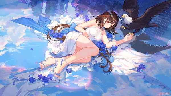 Anime picture 1280x720 with azur lane independence (azur lane) atdan single long hair looking at viewer fringe light erotic red eyes brown hair wide image signed payot sky cloud (clouds) full body ahoge bent knee (knees) lying bare legs