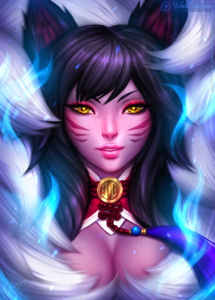 Anime picture 817x1143 with league of legends ahri (league of legends) michelle hoefener single long hair tall image looking at viewer fringe breasts light erotic black hair large breasts signed animal ears yellow eyes purple hair upper body tail animal tail lips