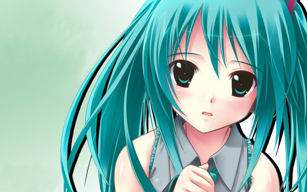 Anime picture 1280x800 with vocaloid hatsune miku amino kohaku single long hair looking at viewer fringe simple background hair between eyes wide image upper body aqua eyes aqua hair green background girl