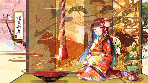 Anime picture 7680x4320 with original daidai (daidai826) single long hair looking at viewer fringe highres smile brown hair wide image sitting brown eyes signed absurdres blunt bangs traditional clothes japanese clothes multicolored hair floral print colored inner hair