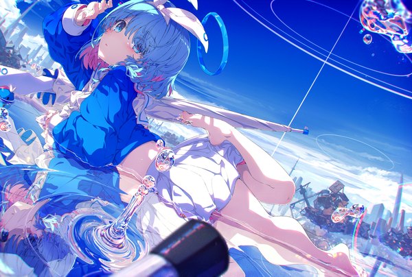 Anime picture 1706x1150 with blue archive arona (blue archive) ogipote single looking at viewer fringe highres short hair blue eyes blue hair sky cloud (clouds) lying pleated skirt multicolored hair barefoot arm up hair over one eye two-tone hair bare legs