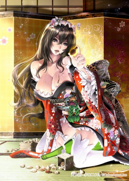 Anime picture 1000x1403 with original sumomo kpa single long hair tall image looking at viewer breasts open mouth light erotic black hair large breasts cleavage traditional clothes japanese clothes black eyes girl thighhighs hair ornament flower (flowers) white thighhighs