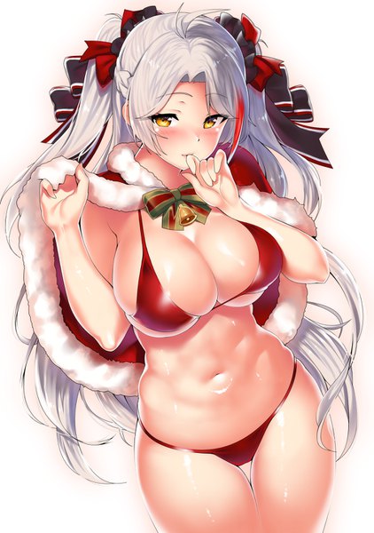 Anime picture 1020x1450 with azur lane prinz eugen (azur lane) kawai (purplrpouni) single long hair tall image looking at viewer blush fringe breasts light erotic simple background large breasts standing white background holding yellow eyes cleavage silver hair ahoge