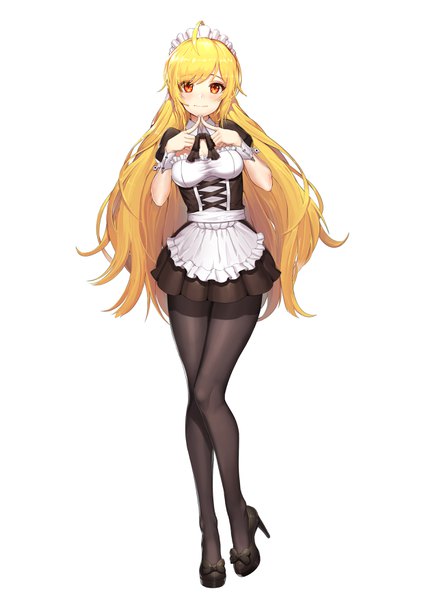 Anime picture 2480x3508 with original greem bang single long hair tall image looking at viewer blush fringe highres breasts simple background blonde hair smile hair between eyes standing white background cleavage full body ahoge short sleeves