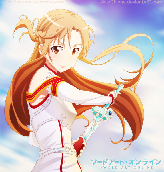Anime picture 1200x1254 with sword art online a-1 pictures yuuki asuna akilachione single long hair tall image smile brown eyes sky cloud (clouds) orange hair inscription coloring girl weapon sword sheath