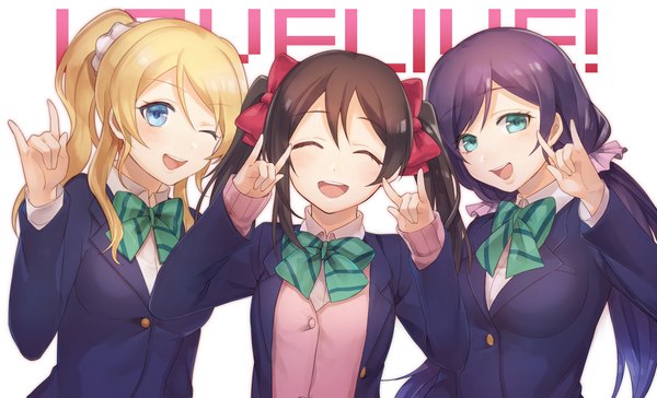 Anime picture 1602x974 with love live! school idol project sunrise (studio) love live! yazawa nico toujou nozomi ayase eli tomari (veryberry00) long hair looking at viewer blush open mouth blue eyes blonde hair smile brown hair wide image twintails multiple girls purple hair eyes closed