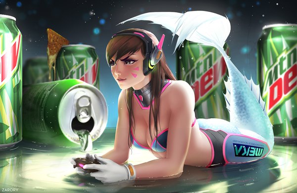 Anime picture 1920x1250 with overwatch blizzard entertainment mountain dew d.va (overwatch) zarory single long hair fringe highres breasts light erotic brown hair holding brown eyes signed looking away full body tail lying parted lips