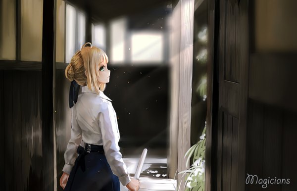 Anime picture 5400x3474 with fate (series) fate/stay night type-moon artoria pendragon (all) saber magicians (zhkahogigzkh) single long hair looking at viewer fringe highres blonde hair standing absurdres looking back aqua eyes sunlight girl ribbon (ribbons) plant (plants)