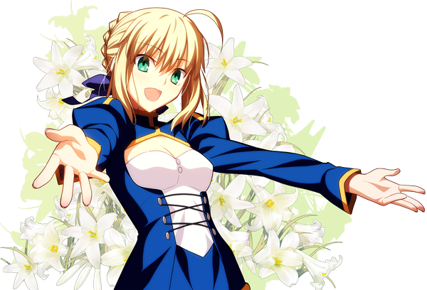 Anime picture 3500x2385 with fate (series) fate/stay night studio deen type-moon artoria pendragon (all) saber takeuchi takashi single long hair blush highres open mouth blonde hair green eyes absurdres cleavage official art spread arms transparent background girl