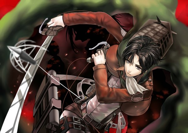 Anime picture 2501x1771 with shingeki no kyojin production i.g levi (rivaille) gu-ko citemer highres short hair black hair holding open clothes open jacket grey eyes dual wielding silhouette giant boy uniform weapon sword jacket wire (wires)
