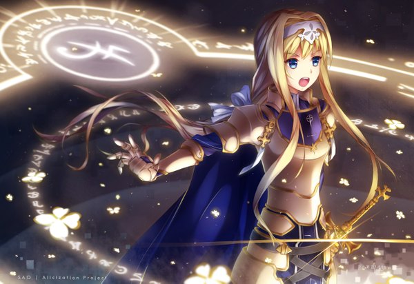 Anime picture 1300x893 with sword art online sword art online: alicization a-1 pictures alice zuberg dmith (baguscasbon) single long hair open mouth blue eyes blonde hair outstretched arm magic girl hair ornament flower (flowers) weapon sword armor armored dress magic circle