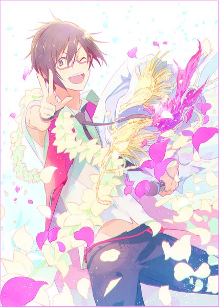 Anime picture 600x840 with idolmaster idolmaster side-m iseya shiki map (map imas) single tall image looking at viewer short hair open mouth blue eyes black hair one eye closed wink victory boy flower (flowers) petals glasses necktie microphone