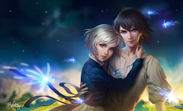 Anime picture 1200x733 with howl's moving castle studio ghibli howl sophie hatter zolaida (artist) looking at viewer fringe short hair blue eyes black hair wide image brown eyes signed sky silver hair head tilt wind lips realistic hug