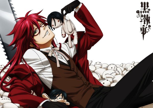 Anime picture 1490x1054 with kuroshitsuji a-1 pictures sebastian michaelis ciel phantomhive grell sutcliff toboso yana smile green eyes red hair one eye closed wink boy weapon glasses toy eyepatch coat doll (dolls) chainsaw trench coat