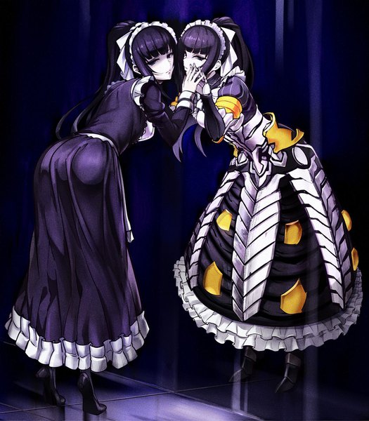 Anime picture 1400x1600 with overlord (maruyama) madhouse narberal gamma nyamota (noraneko koubou) long hair tall image looking at viewer fringe black hair standing payot ponytail blunt bangs black eyes maid high heels leaning leaning forward reflection dark background