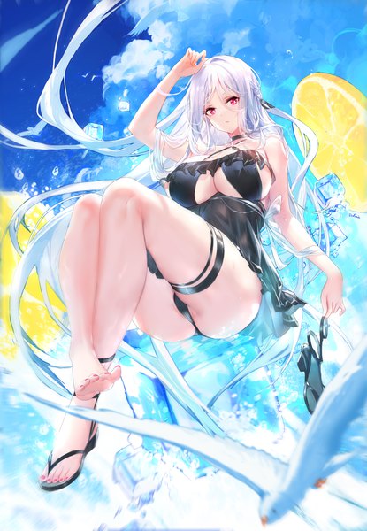 Anime picture 1860x2687 with closers mirae (closers) swd3e2 single tall image looking at viewer fringe highres breasts light erotic hair between eyes red eyes large breasts holding sky cleavage silver hair cloud (clouds) full body bent knee (knees)