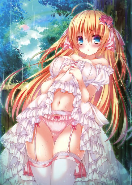 Anime picture 2494x3500 with original ojitcha single long hair tall image looking at viewer blush fringe highres breasts blue eyes light erotic blonde hair hair between eyes ahoge hair flower scan rain dress lift girl