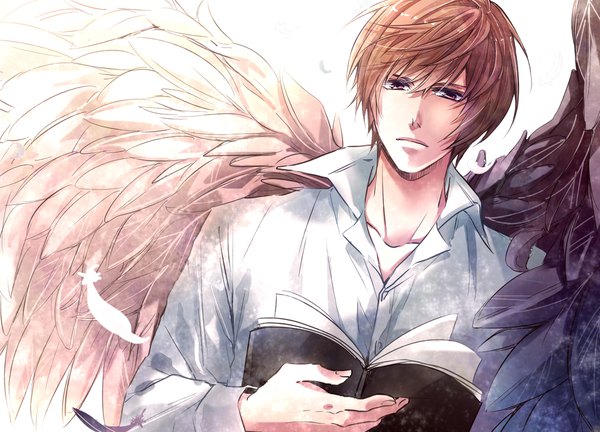 Anime picture 1950x1404 with death note madhouse yagami light maki (pixiv 945215) single highres short hair red eyes brown hair holding brown eyes open collar angel wings asymmetrical wings boy shirt wings white shirt notebook
