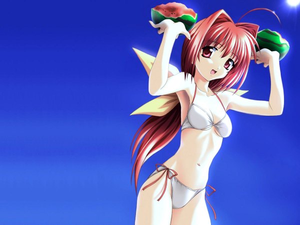 Anime picture 1280x960 with muv-luv norizou type-r skin tight swimsuit food berry (berries) watermelon