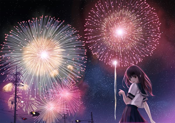 Anime picture 1653x1169 with original chikuwa (odennabe) single long hair looking at viewer fringe black hair brown eyes pink hair parted lips pleated skirt looking back multicolored hair night night sky gradient hair pointing fireworks girl skirt