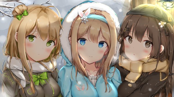 Anime picture 3840x2160 with girls frontline suomi kp31 (girls frontline) rfb (girls frontline) k-2 (girls frontline) bachibachi (tisen) long hair looking at viewer blush fringe highres breasts blue eyes blonde hair hair between eyes brown hair wide image multiple girls brown eyes green eyes payot