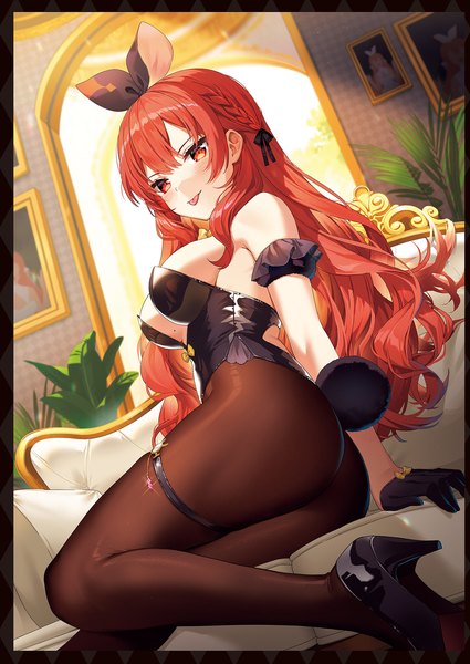 Anime picture 1359x1920 with original rosuuri single long hair tall image looking at viewer blush fringe breasts light erotic hair between eyes red eyes large breasts sitting animal ears bent knee (knees) ass red hair indoors tail