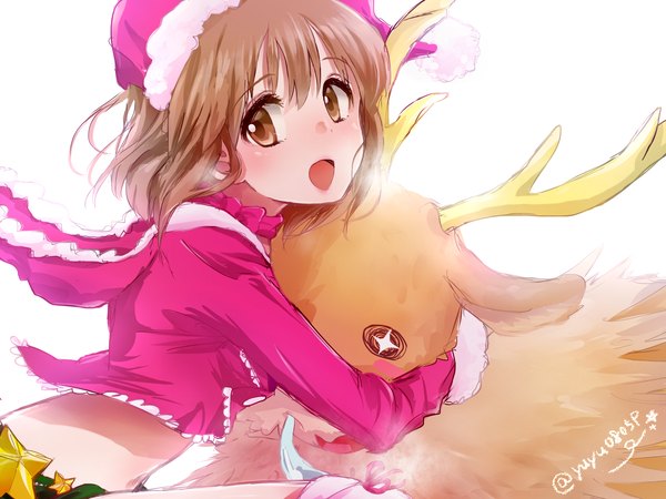 Anime picture 1600x1200 with idolmaster idolmaster cinderella girls hagiwara yukiho yoshiyoshi (yuyu0805p) single blush short hair open mouth brown hair white background brown eyes fur trim christmas girl hat jacket headdress fur santa claus hat deer