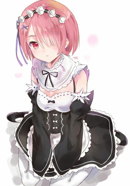 Anime picture 700x1000 with re:zero kara hajimeru isekai seikatsu white fox ram (re:zero) tr (hareru) single tall image fringe short hair simple background red eyes white background sitting looking away pink hair from above hair over one eye maid wariza girl thighhighs