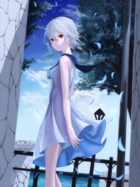Anime picture 1800x2400 with original mikisai single tall image looking at viewer fringe highres short hair breasts hair between eyes red eyes standing sky cloud (clouds) outdoors white hair looking back wind turning head sailor collar