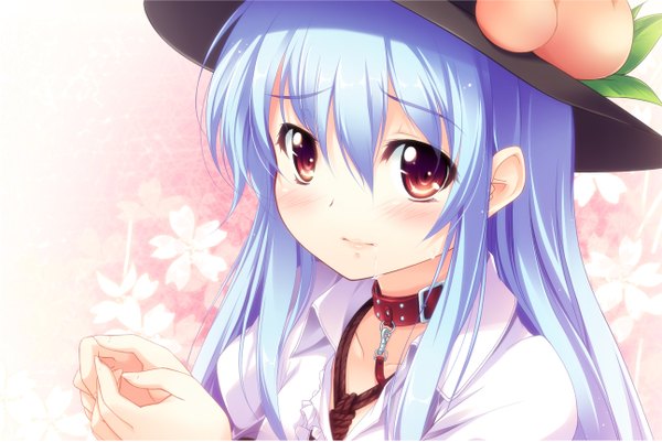 Anime picture 1294x865 with touhou hinanawi tenshi kazakura blush red eyes blue hair loli girl flower (flowers) hat collar