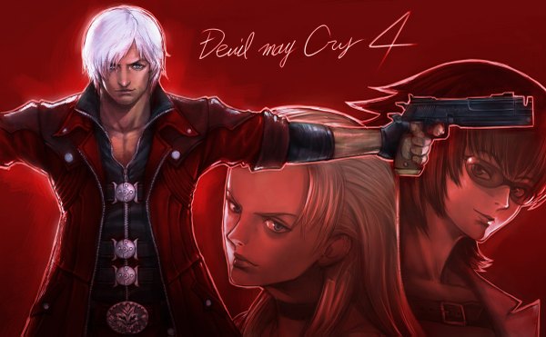 Anime picture 1200x743 with devil may cry dante (devil may cry) lady (devil may cry) trish boyaking(sbf) long hair looking at viewer fringe short hair black hair smile wide image multiple girls white hair hair over one eye inscription red background girl boy gloves