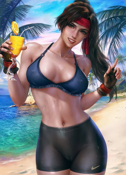 Anime picture 3104x4291 with final fantasy final fantasy vii square enix nike jessie rasberry logan cure single long hair tall image looking at viewer highres breasts light erotic smile brown hair large breasts standing holding brown eyes absurdres