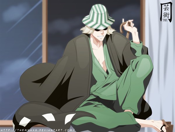 Anime picture 1600x1211 with bleach studio pierrot urahara kisuke themnaxs single short hair blonde hair smile cloud (clouds) japanese clothes night sky coloring boy hat kimono curtains cloak cane