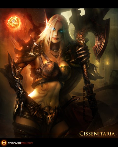 Anime picture 3420x4277 with world of warcraft blizzard entertainment tamplierpainter single long hair tall image looking at viewer highres blue eyes blonde hair standing absurdres light smile lips inscription tattoo hand on hip girl navel weapon