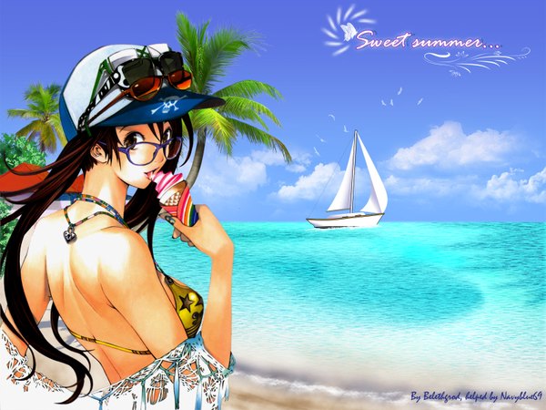 Anime picture 1600x1200 with air gear toei animation noyamano ringo single long hair looking at viewer light erotic twintails sky cloud (clouds) looking back wallpaper beach girl hat water glasses food sweets sea