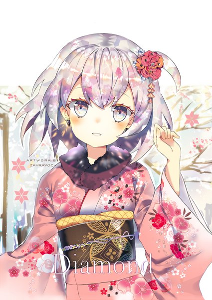 Anime picture 700x989 with houseki no kuni diamond (houseki no kuni) zahravoca (annpratamav) single tall image blush fringe short hair hair between eyes signed silver hair upper body traditional clothes parted lips japanese clothes arm up hair flower wide sleeves fur trim character names