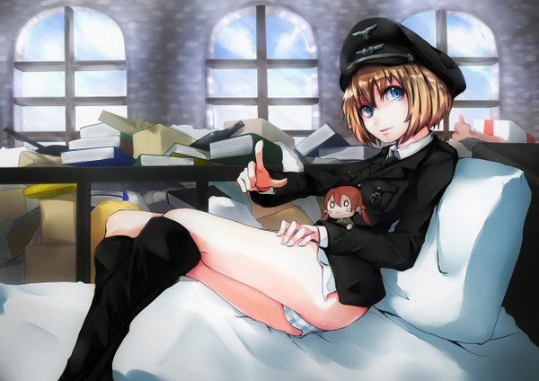 Anime picture 1227x868 with strike witches erica hartmann nuko-d (artist) short hair blue eyes light erotic blonde hair pantyshot chibi o o girl uniform hat boots pillow book (books) bed military uniform
